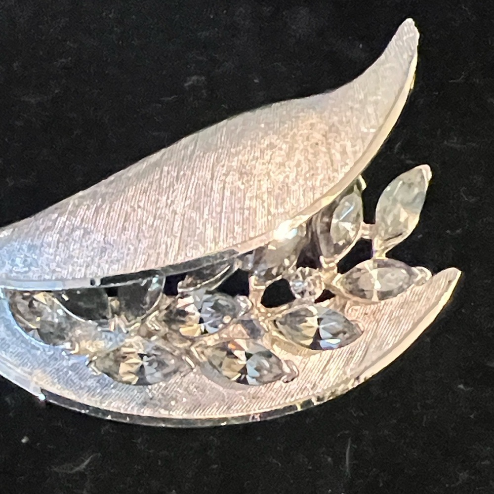 Silver Crystal Leaf Brooch - stamped BSK vintage costume jewelry